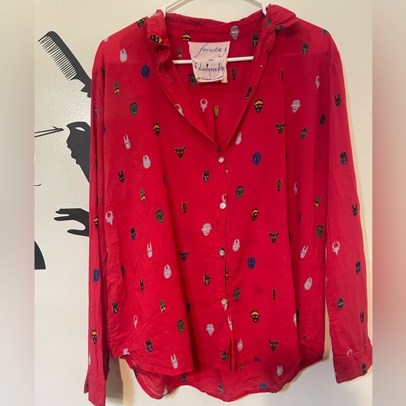 foresta y Tops - Women’s red geometric print button long sleeve down shirt size L